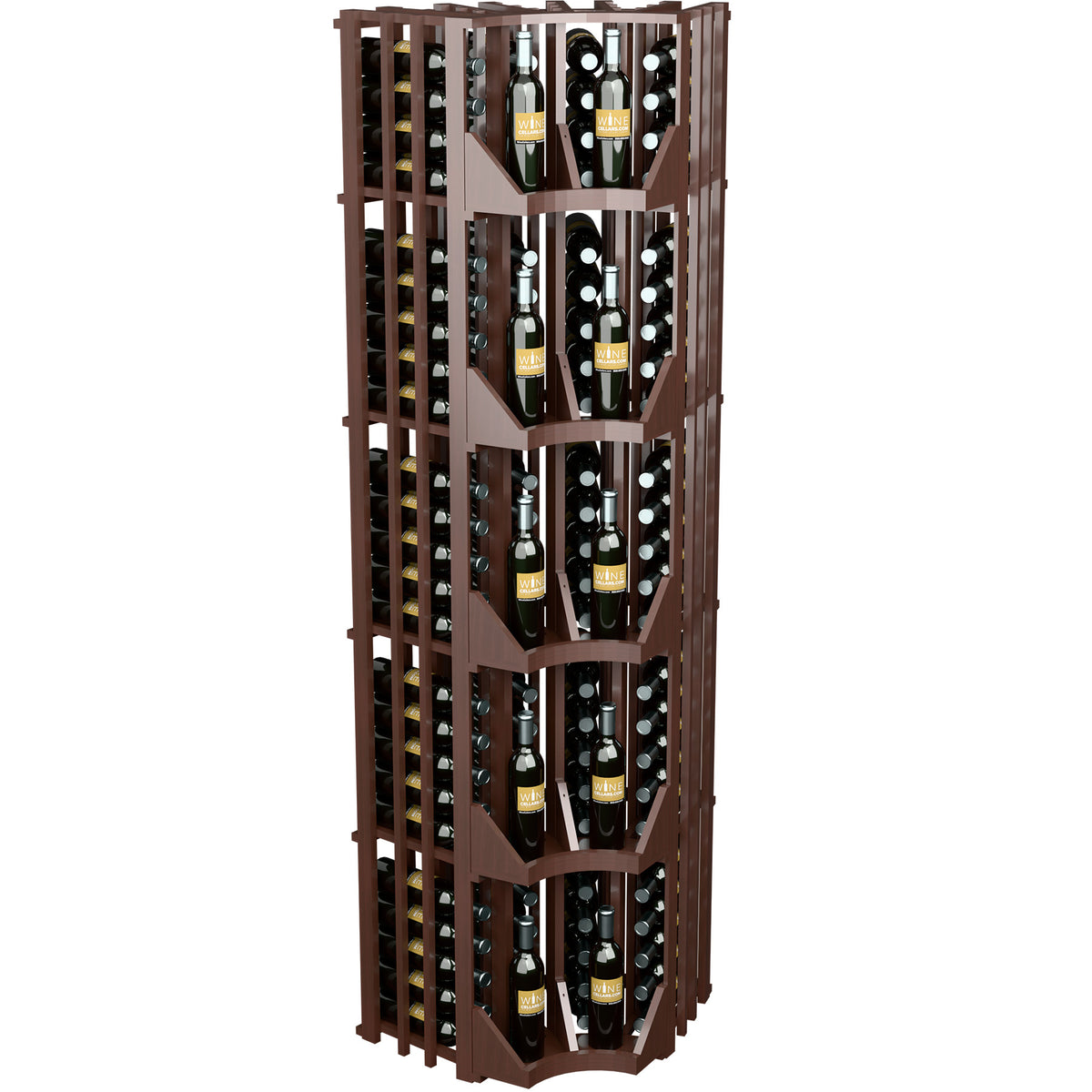 Dark brown 4-column curved corner wine bottle wall display with grid bottle storage