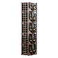 Curved corner wine bottle wall display with four columns, holds multiple bottles in wood racks