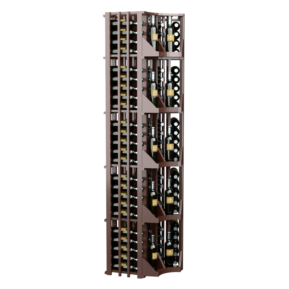Curved corner wine bottle wall display with four columns, holds multiple bottles in wood racks