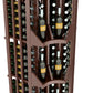 Curved corner wine bottle wall display, four-column wood rack view with bottle rows