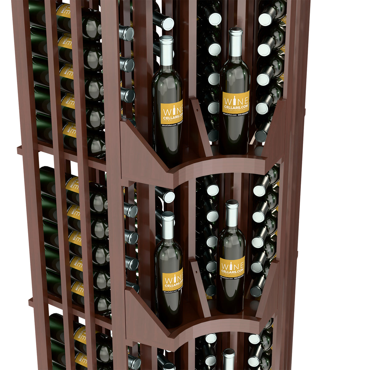 Curved corner wine bottle wall display, four-column wood rack view with bottle rows