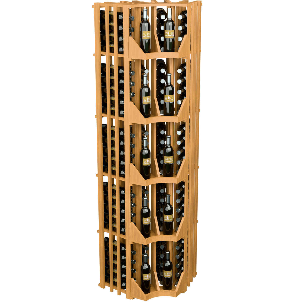 Light wood curved corner wine bottle wall display with four columns and front bottle holders