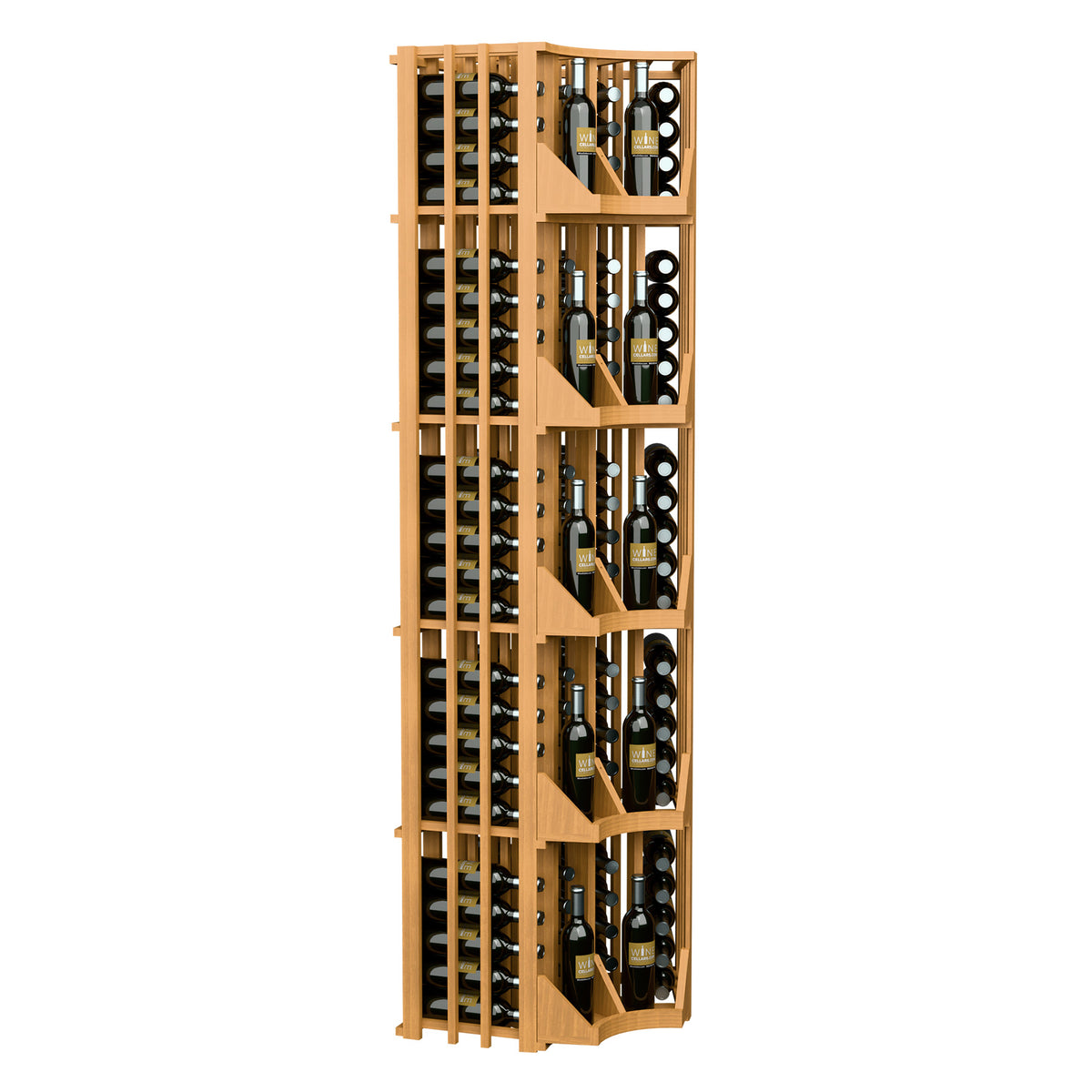Curved corner wine bottle wall display, four-column wood storage unit with bottle slots