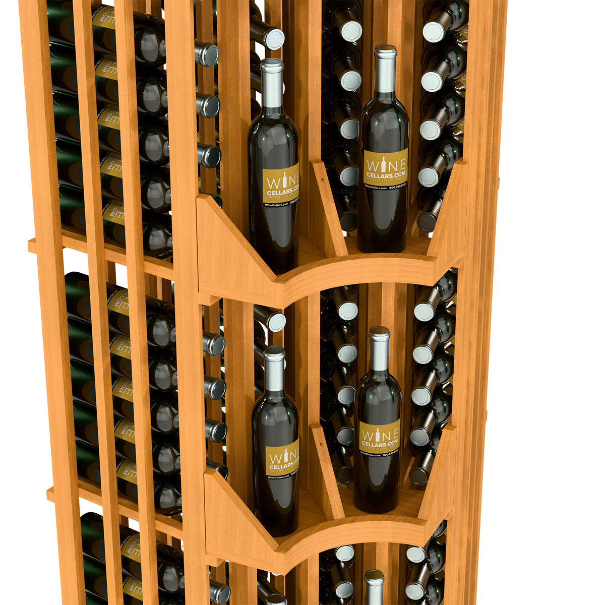Light wood curved corner wine bottle wall display, four columns with diagonal bottle dividers