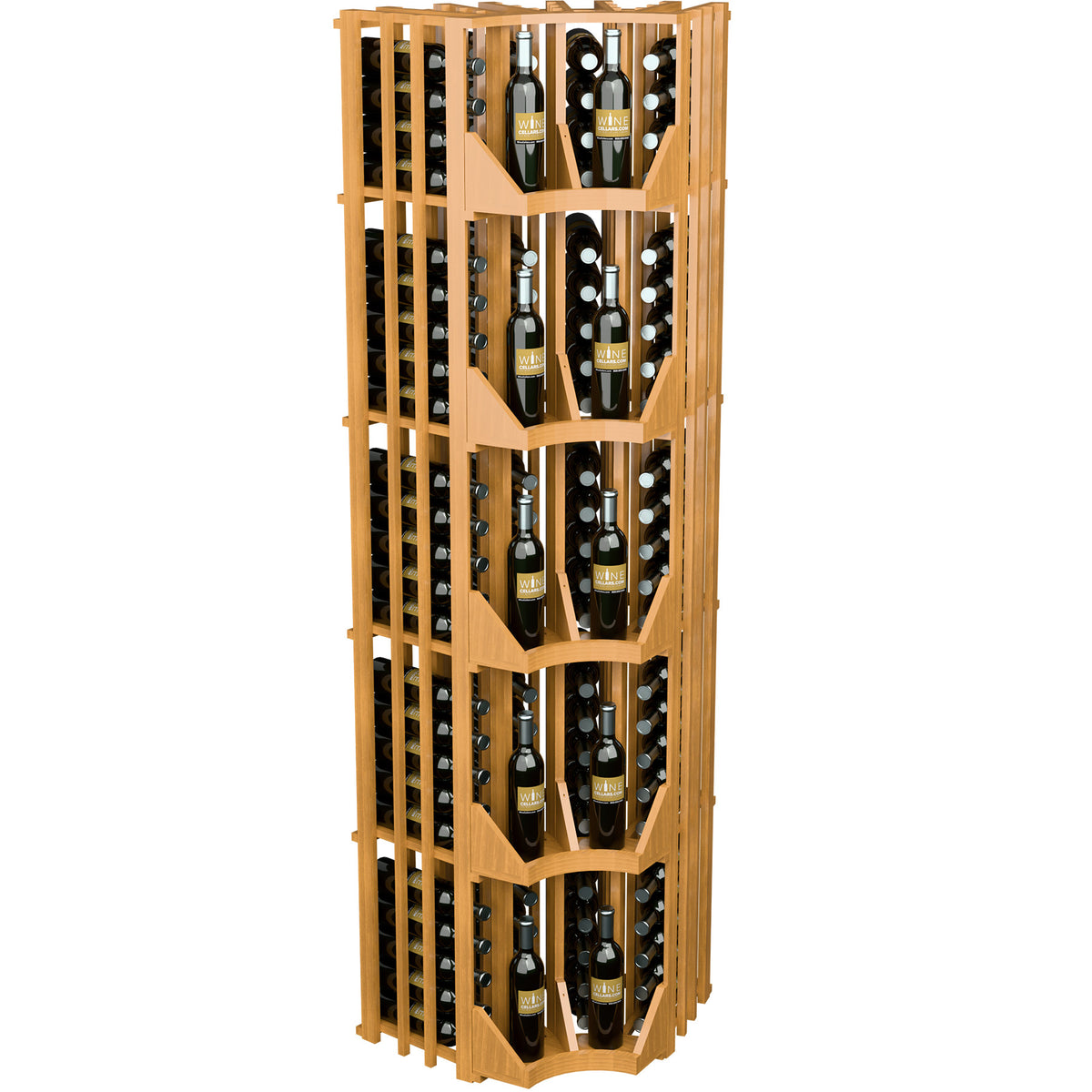 Light wood curved corner wine bottle wall display with four columns and open bottle compartments