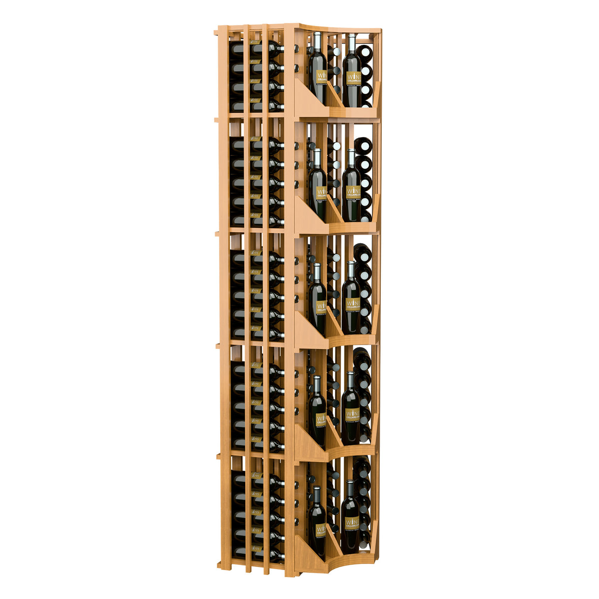 Curved corner wine bottle wall display in light wood, four columns with vertical grid slots