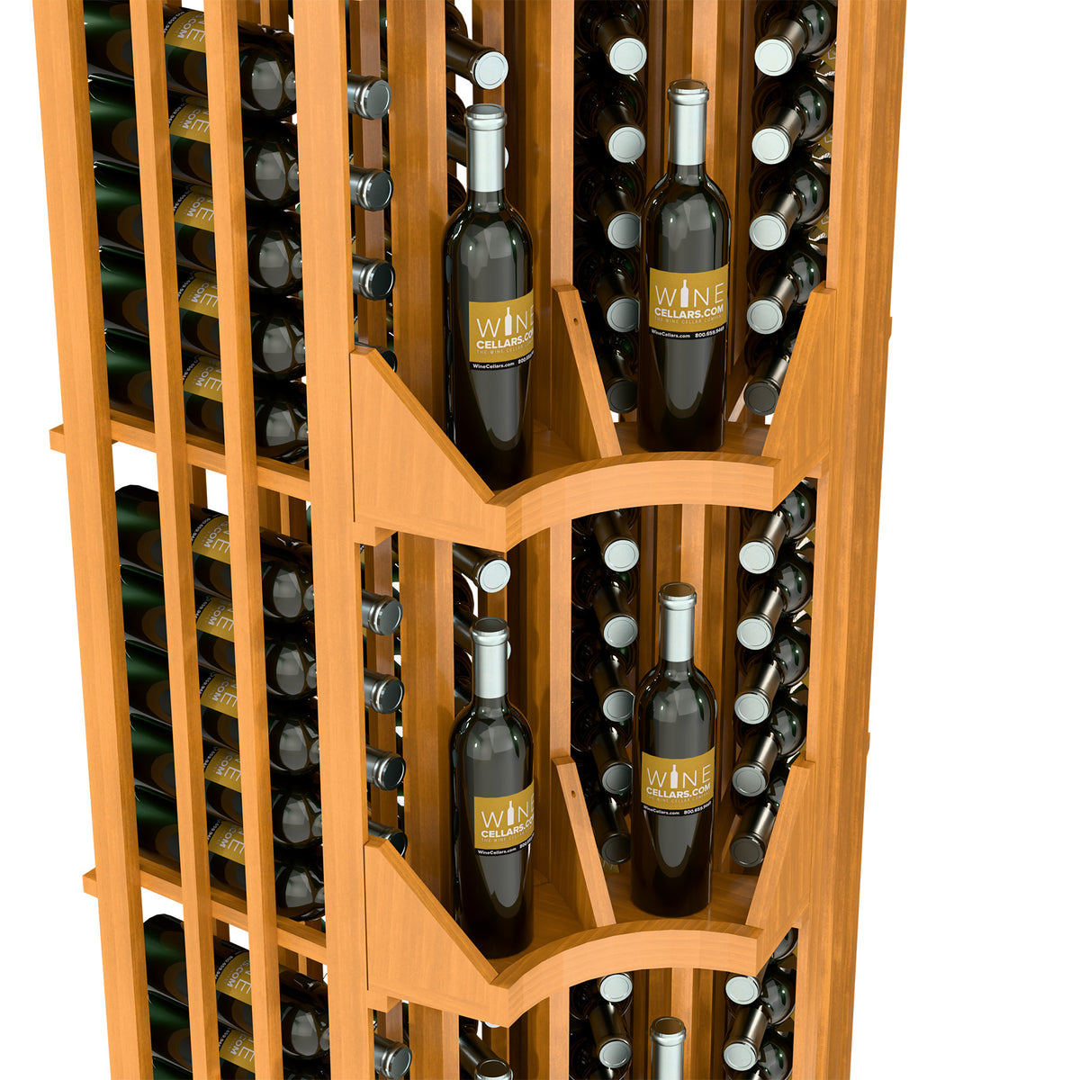 Light wood curved corner wine bottle wall display, close view of four-column bottle dividers