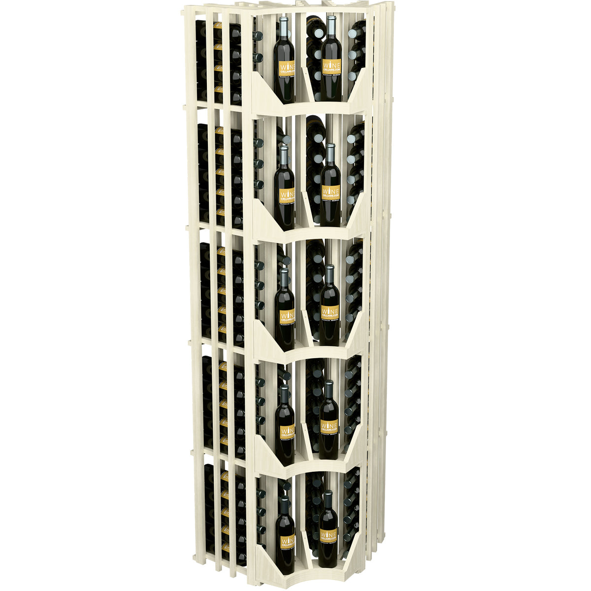 White curved corner wine bottle wall display with four columns and bottle storage grid