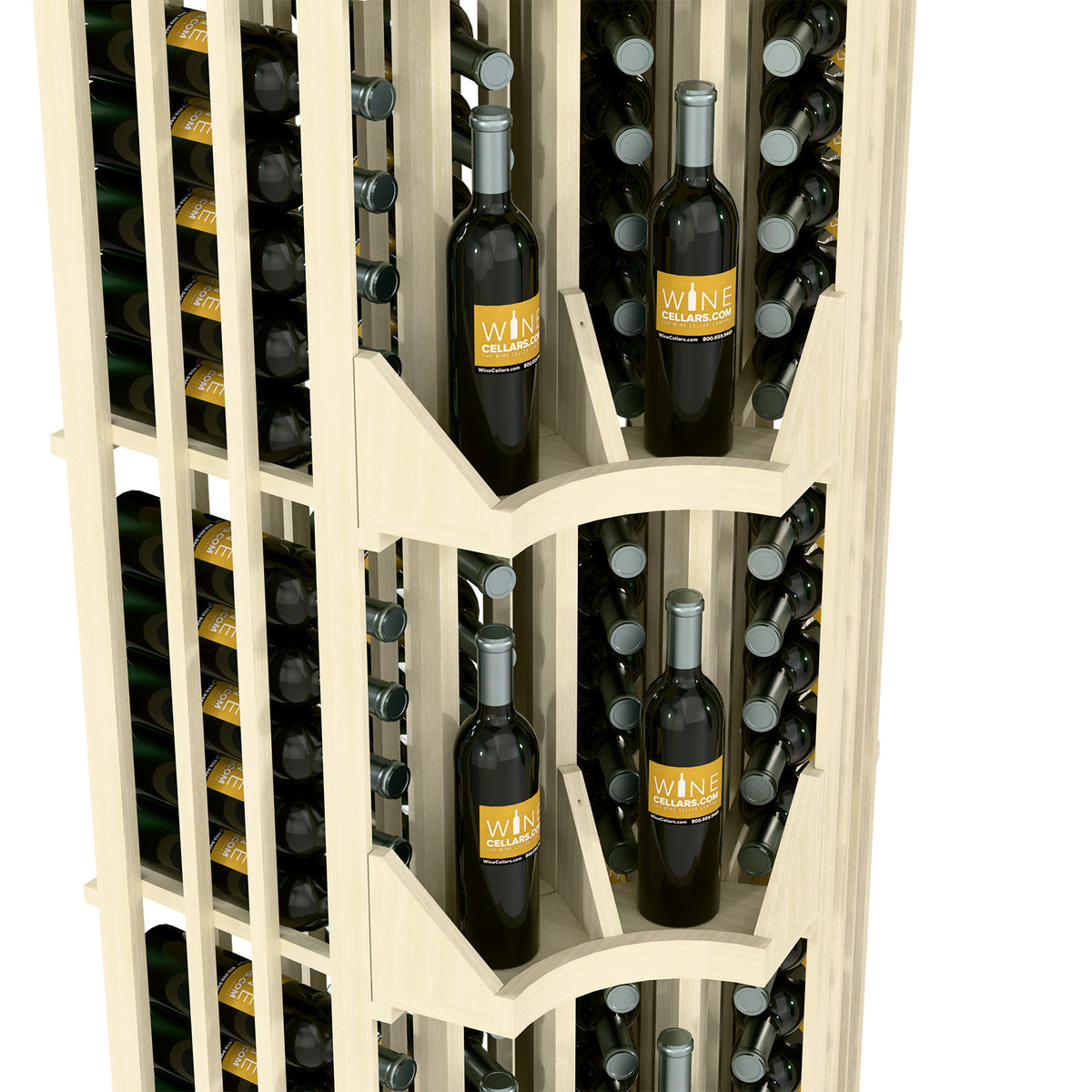 Light wood corner wine bottle wall display, four columns with curved shelves