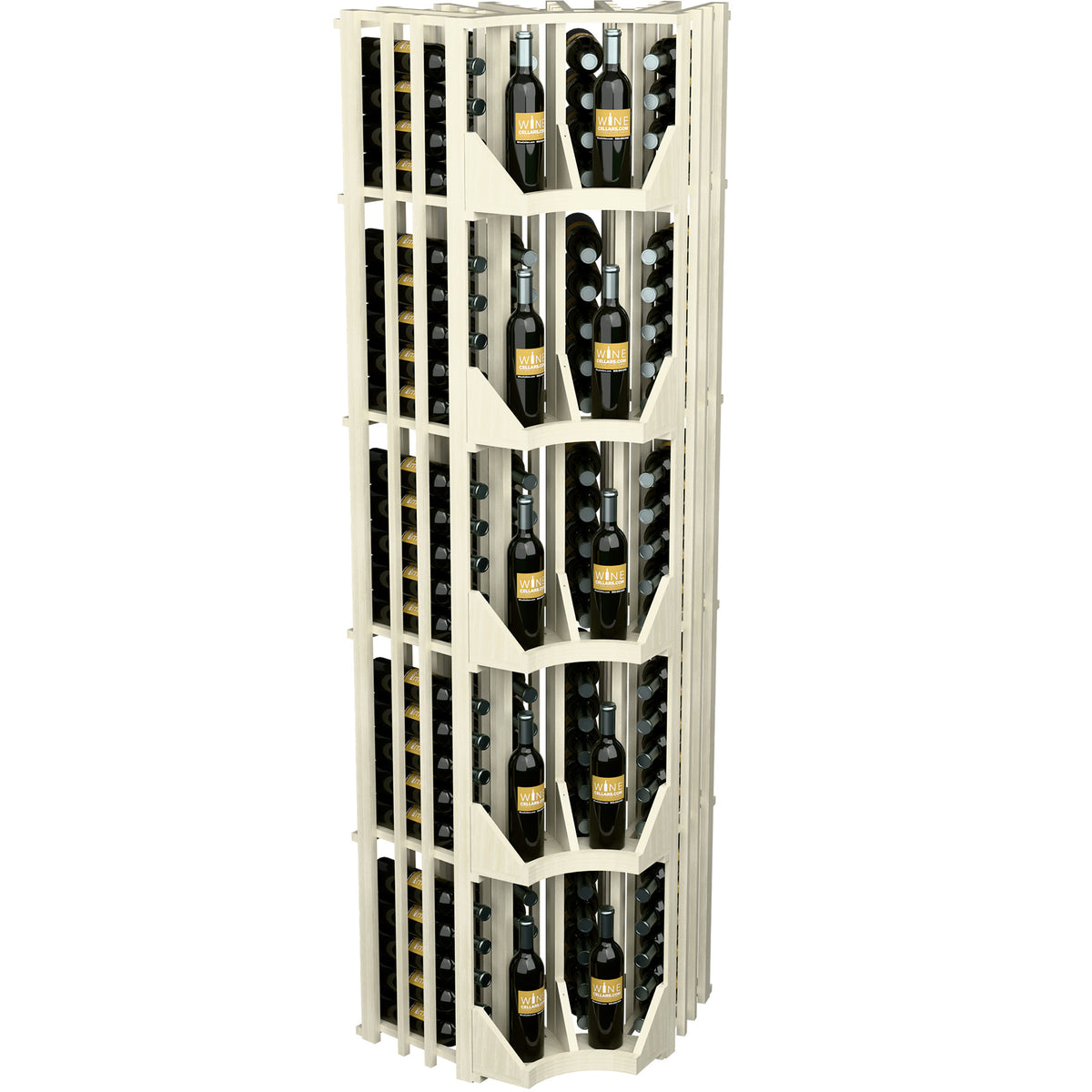 Light wood curved corner wine bottle wall display with four columns for bottle storage
