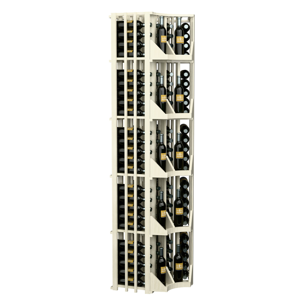 Light wood corner wine bottle wall display, four columns shown from the side