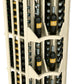 Light wood corner wine bottle wall display with four columns and bottle slots