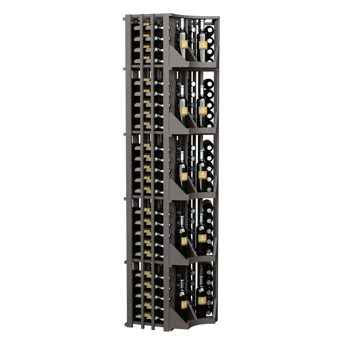 Dark wood corner wine bottle wall display with four columns, side view