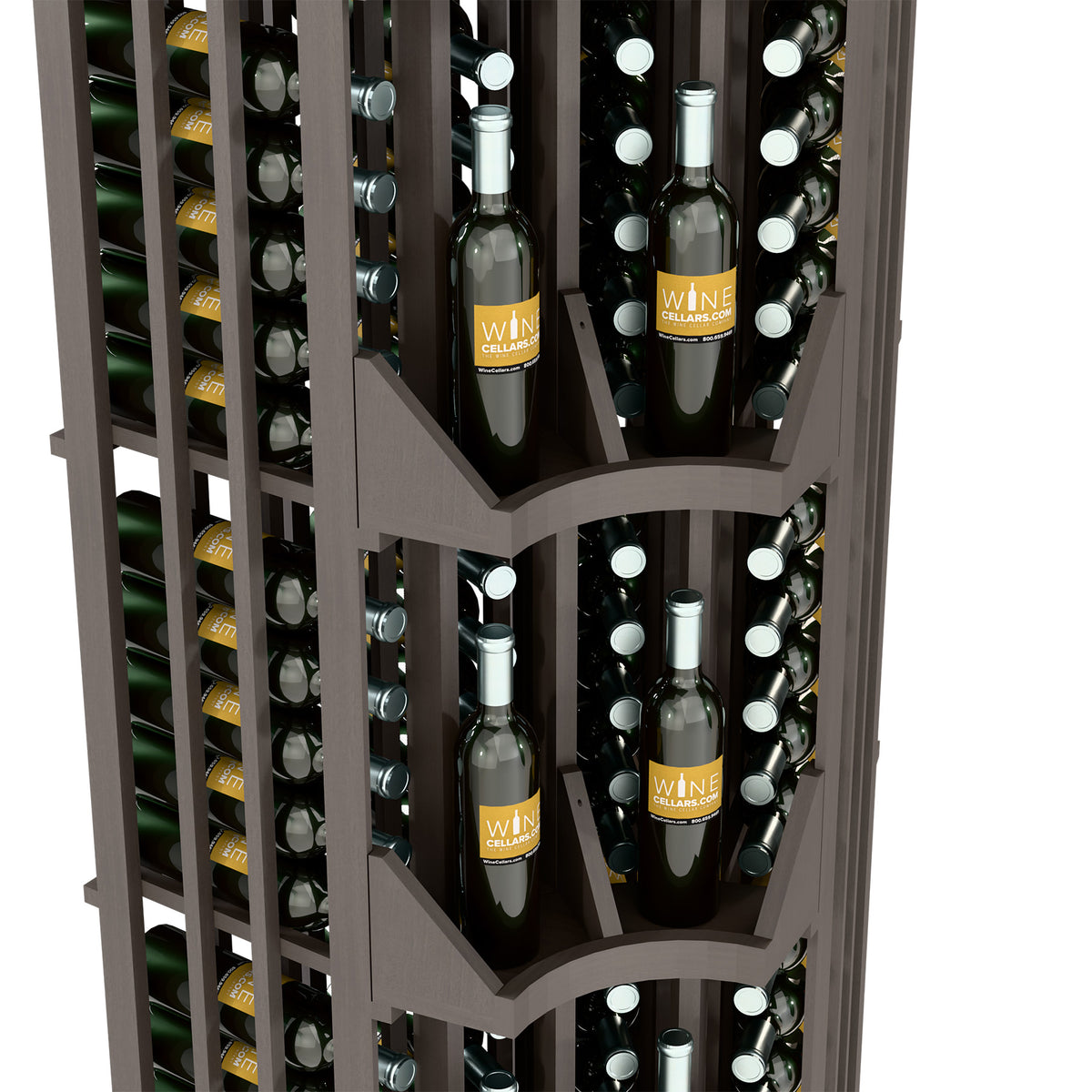 Dark wood corner wine bottle wall display, four columns with bottle slots