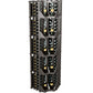 Dark wood curved corner wine bottle wall display with four columns for bottle storage