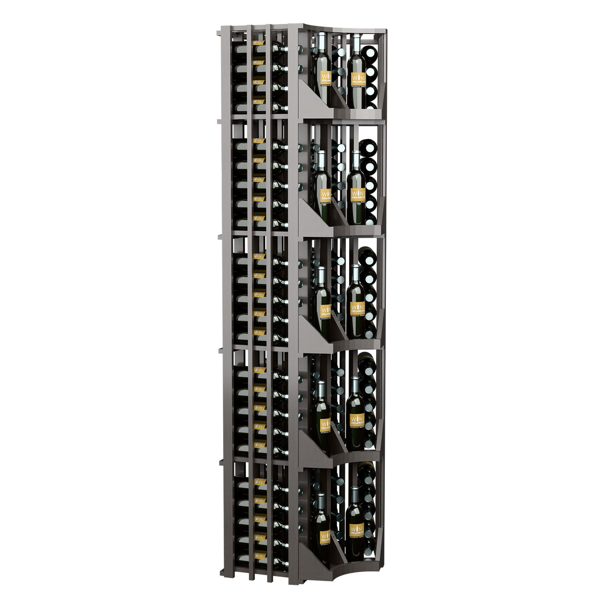 Dark wood corner wine bottle wall display, four columns shown from the side