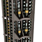 Dark wood corner wine bottle wall display with four columns and curved shelves