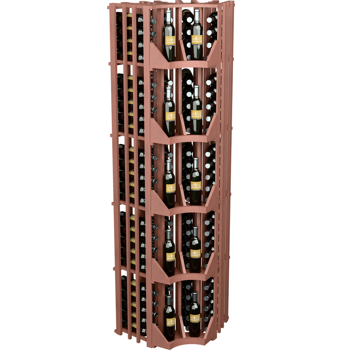 Wood wine bottle wall display with curved corner design, four columns, and tiered dividers
