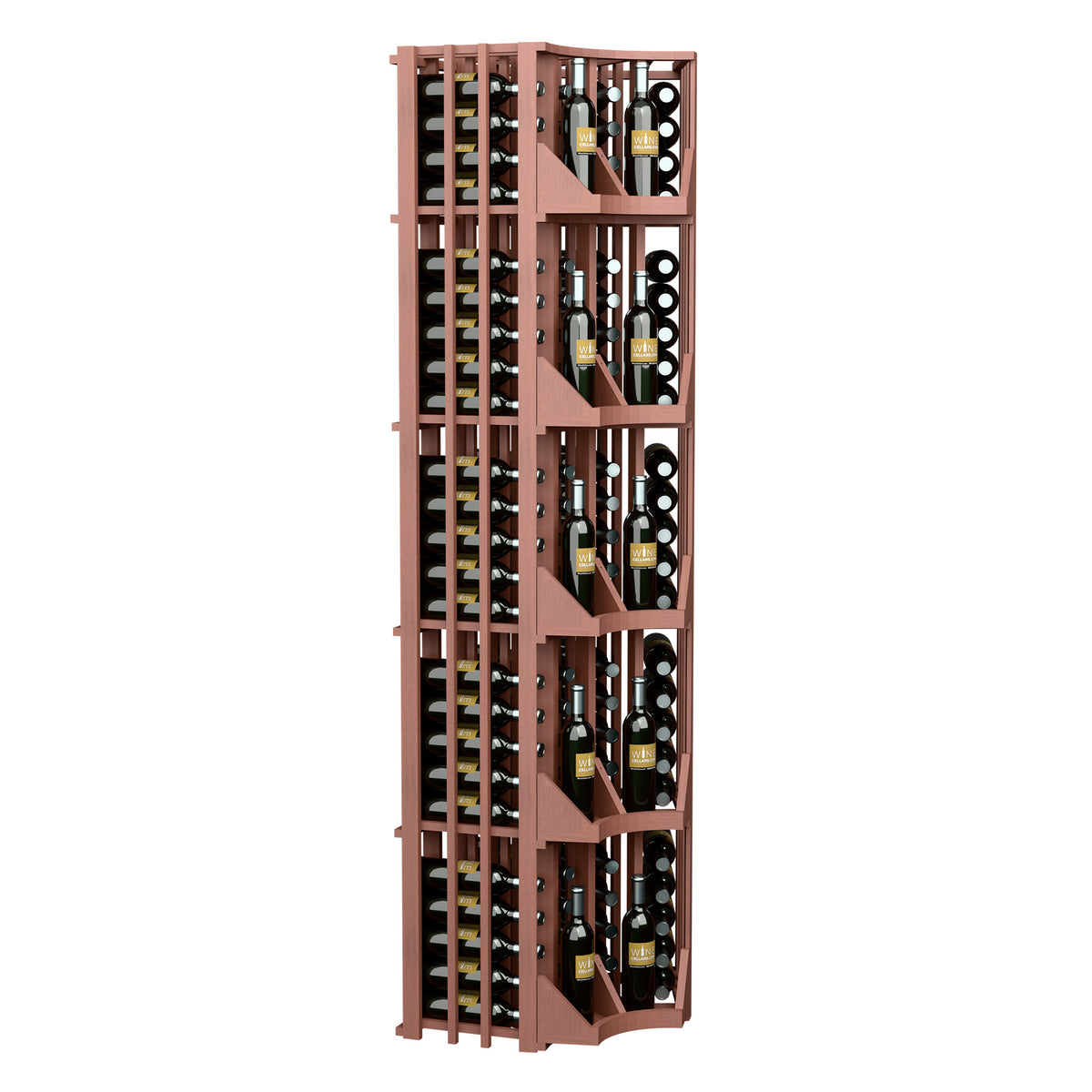Curved corner wine rack wall display with four columns and vertical grid for bottles