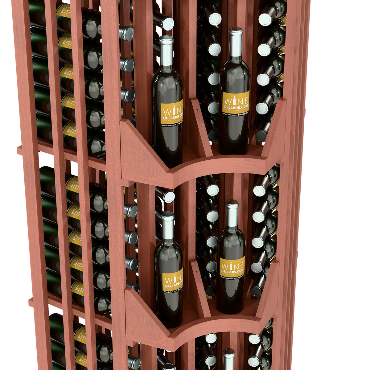 Close-up of curved corner wine rack showing bottle slots and tiered wooden dividers