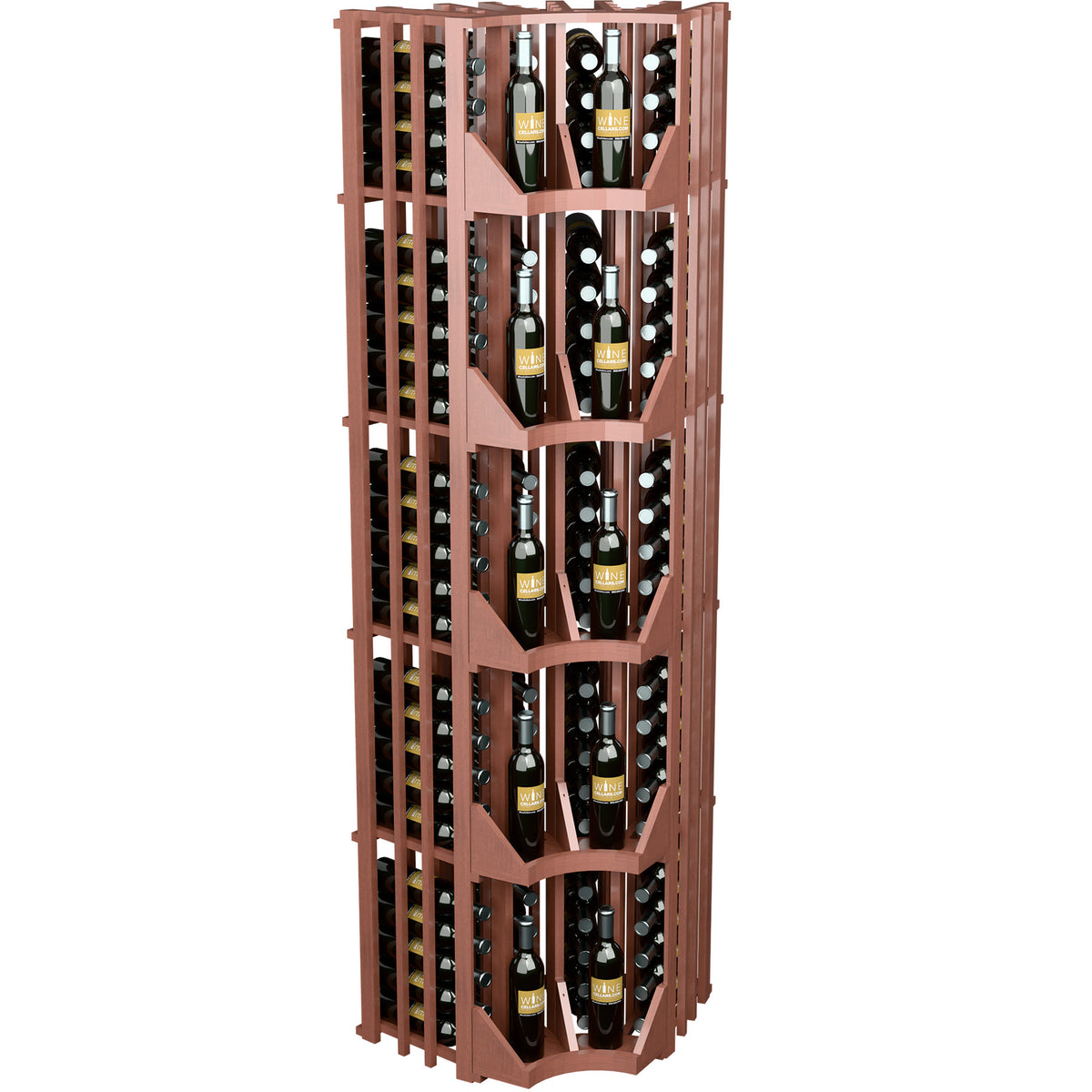 Four-column curved corner wall wine display with bottle openings behind slatted wood panels