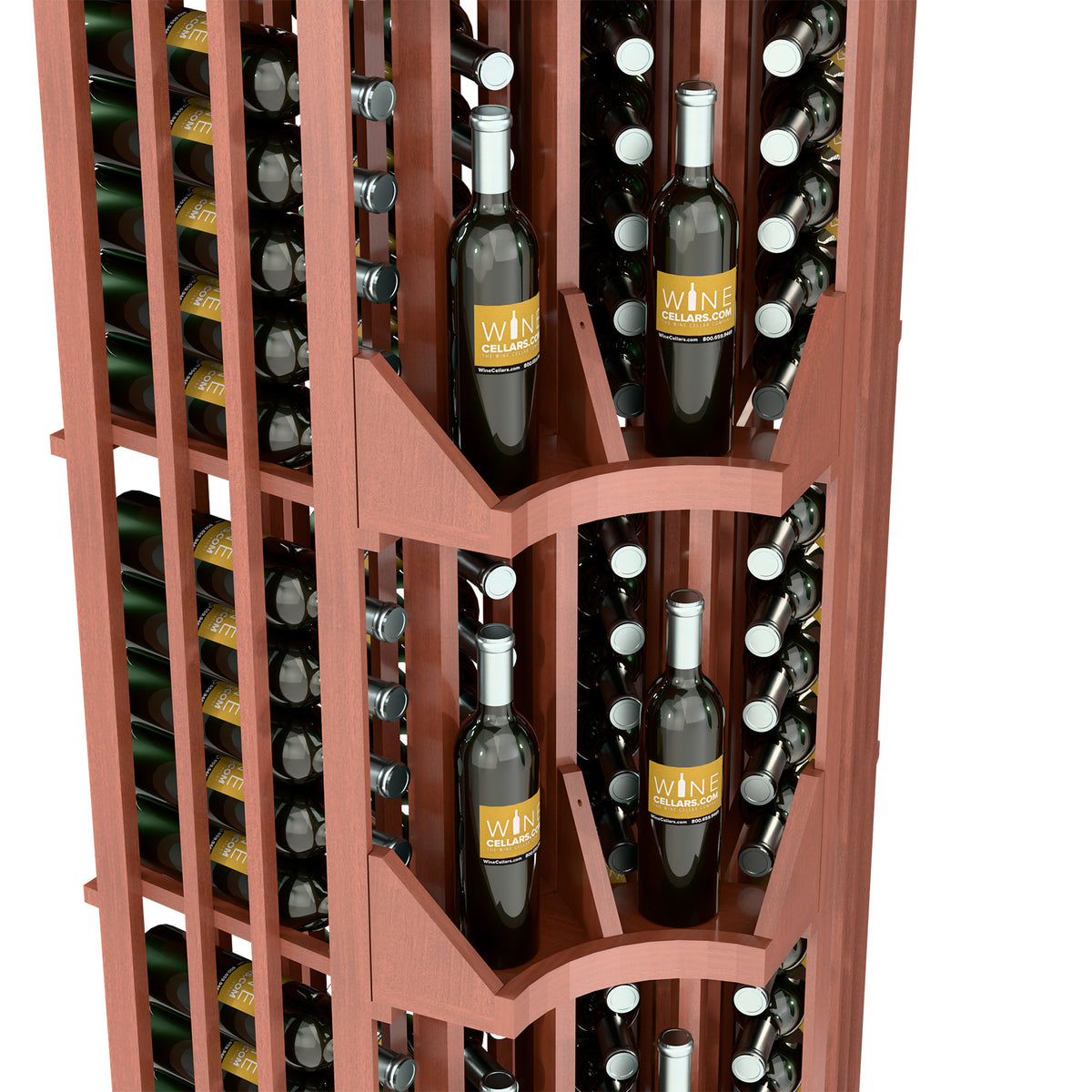 Detail view of curved corner wine rack with bottle slots and front divider shelves