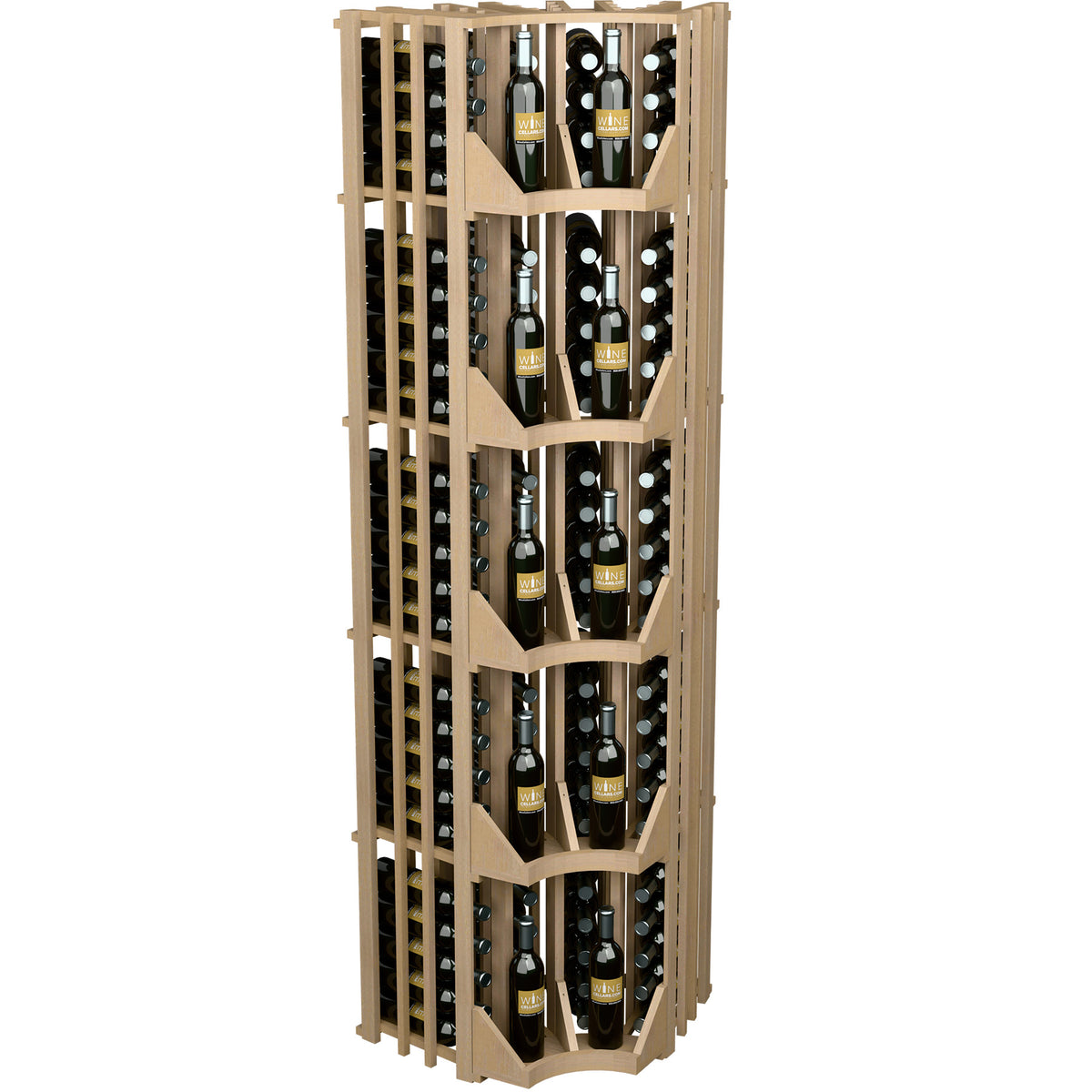 Light wood wine bottle wall display with curved corner design, four columns, and dividers