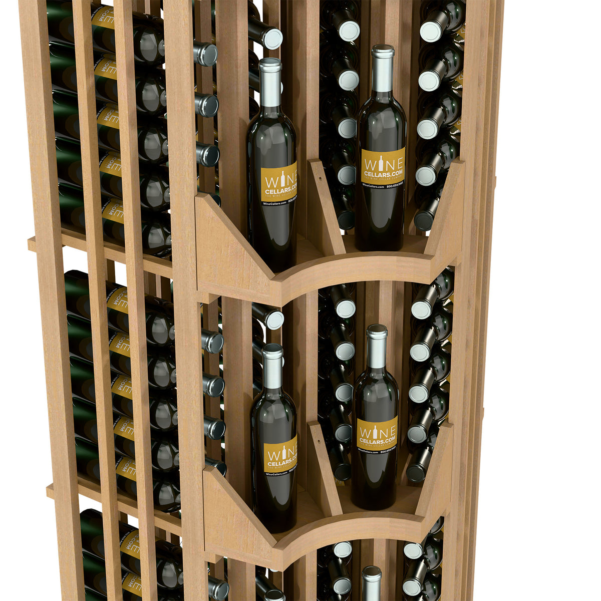 Close-up of light wood curved corner wine rack with bottle slots and tiered dividers