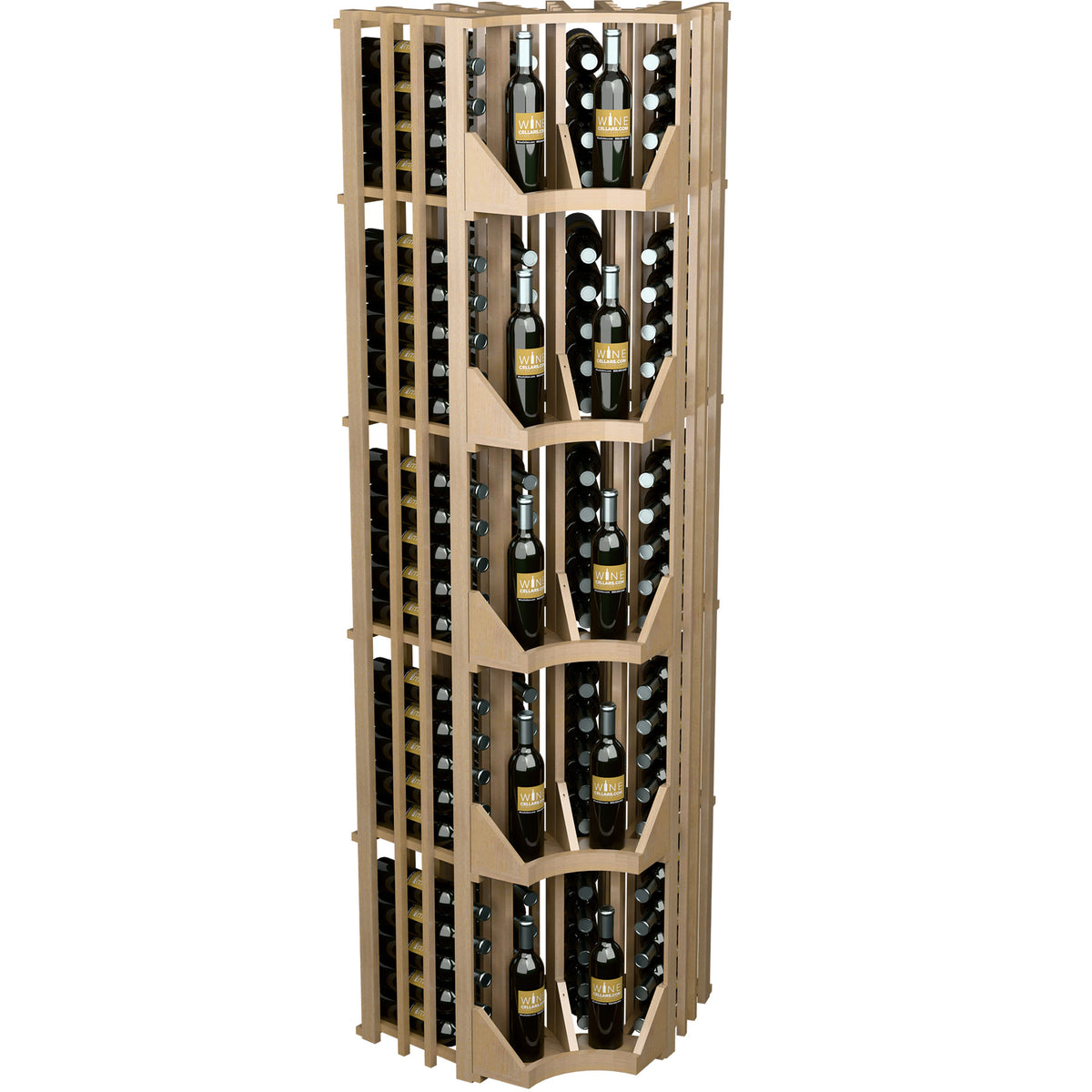 Light wood four-column curved corner wall wine bottle display with slatted bottle openings