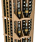 Close-up of light wood wine wall display showing slats and bottle rows with curved dividers.