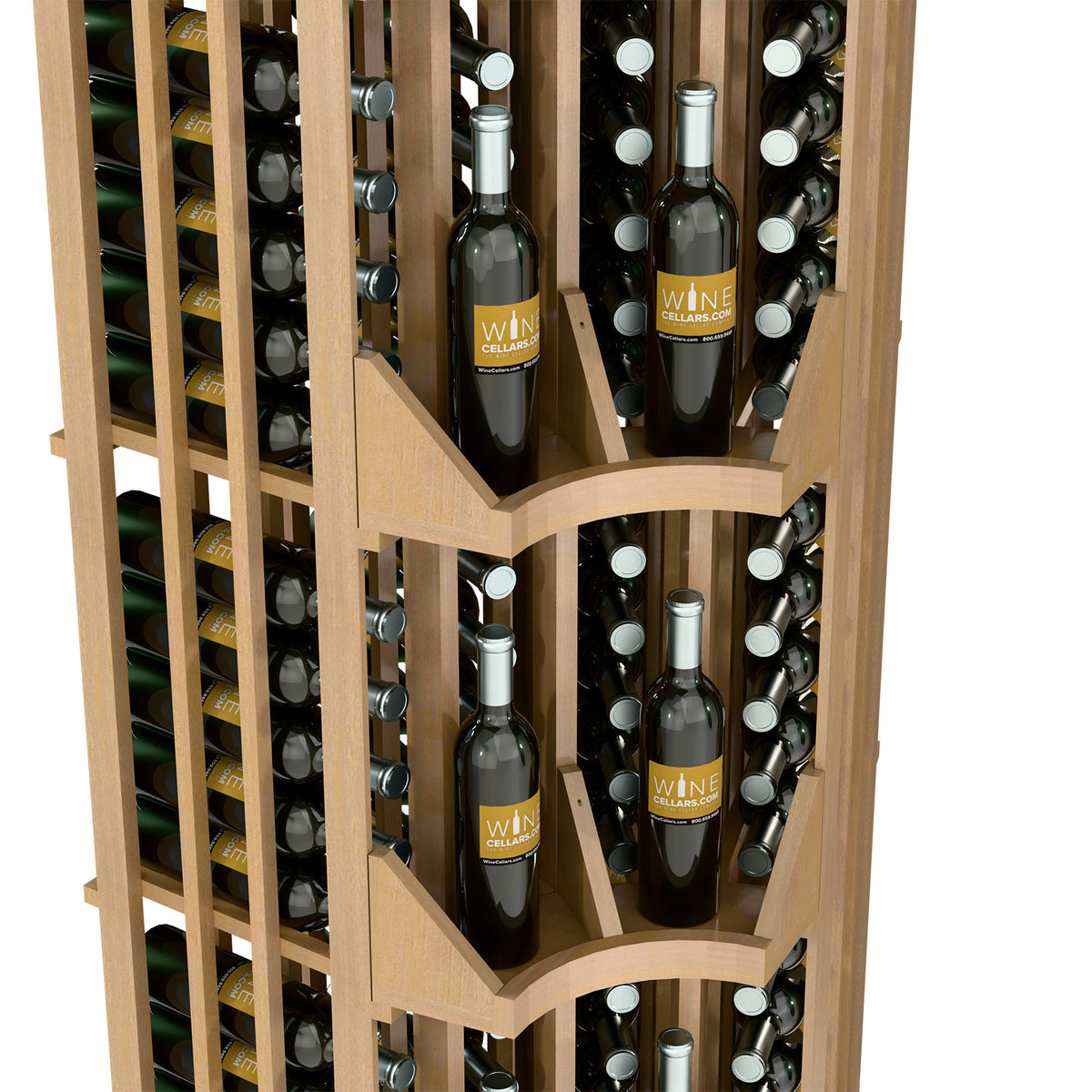 Close-up of light wood wine wall display showing slats and bottle rows with curved dividers.