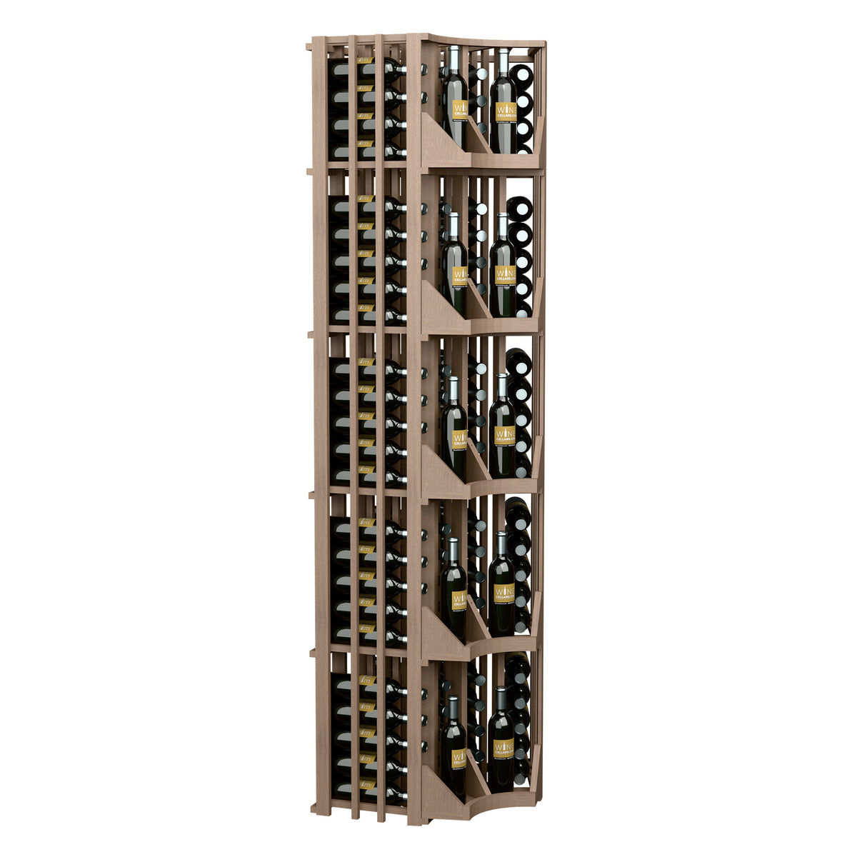 Curved corner wine wall display in light wood with slatted front and four bottle columns.
