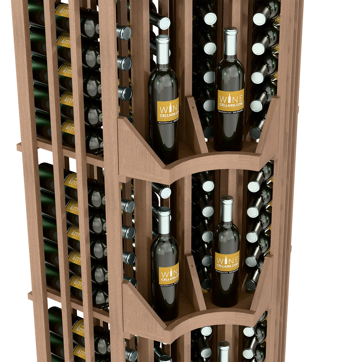 Close-up of light wood wine wall display with slats, bottle necks, and angled row dividers.