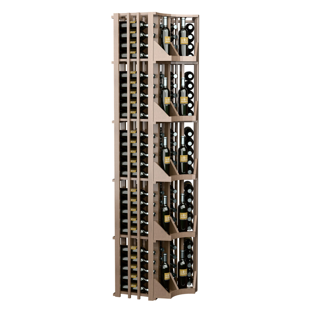 Curved corner wine wall display in light wood, four bottle columns with horizontal row supports.
