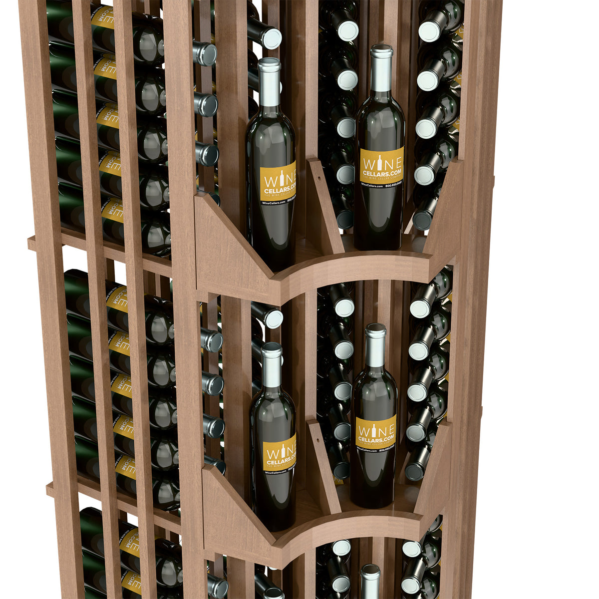 Close-up view of light wood wine wall display showing slats, bottles, and curved dividers.