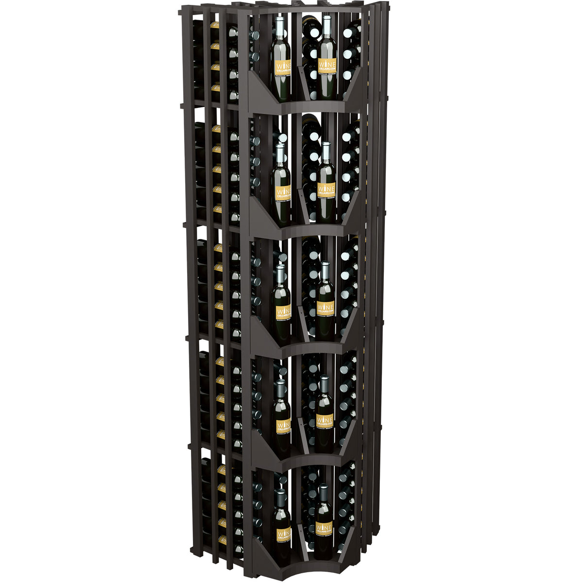 Curved corner wine wall display in dark wood, four bottle columns with slatted panels.