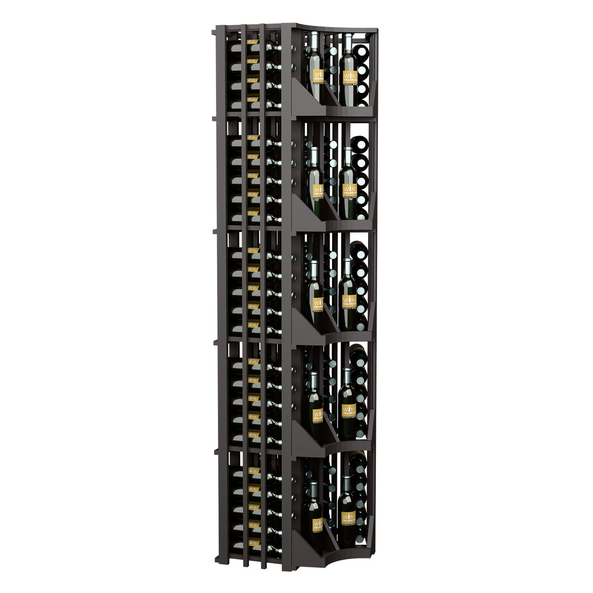 Curved corner wine wall display in dark wood, four columns of bottles behind slatted front.