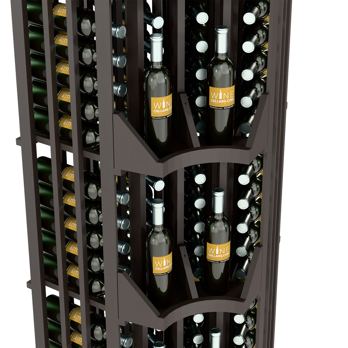 Dark corner wall wine display rack with four curved columns and bottle slots