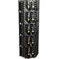 Tall dark wine display rack with open bottle slots and four-column curved corner design