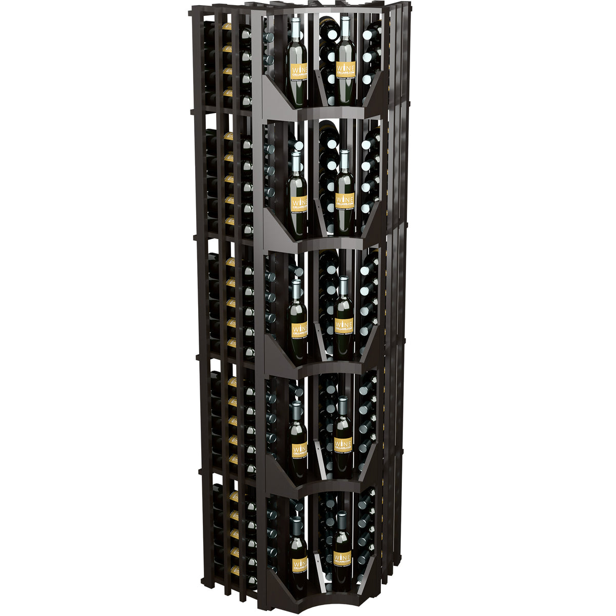 Tall dark wine display rack with open bottle slots and four-column curved corner design