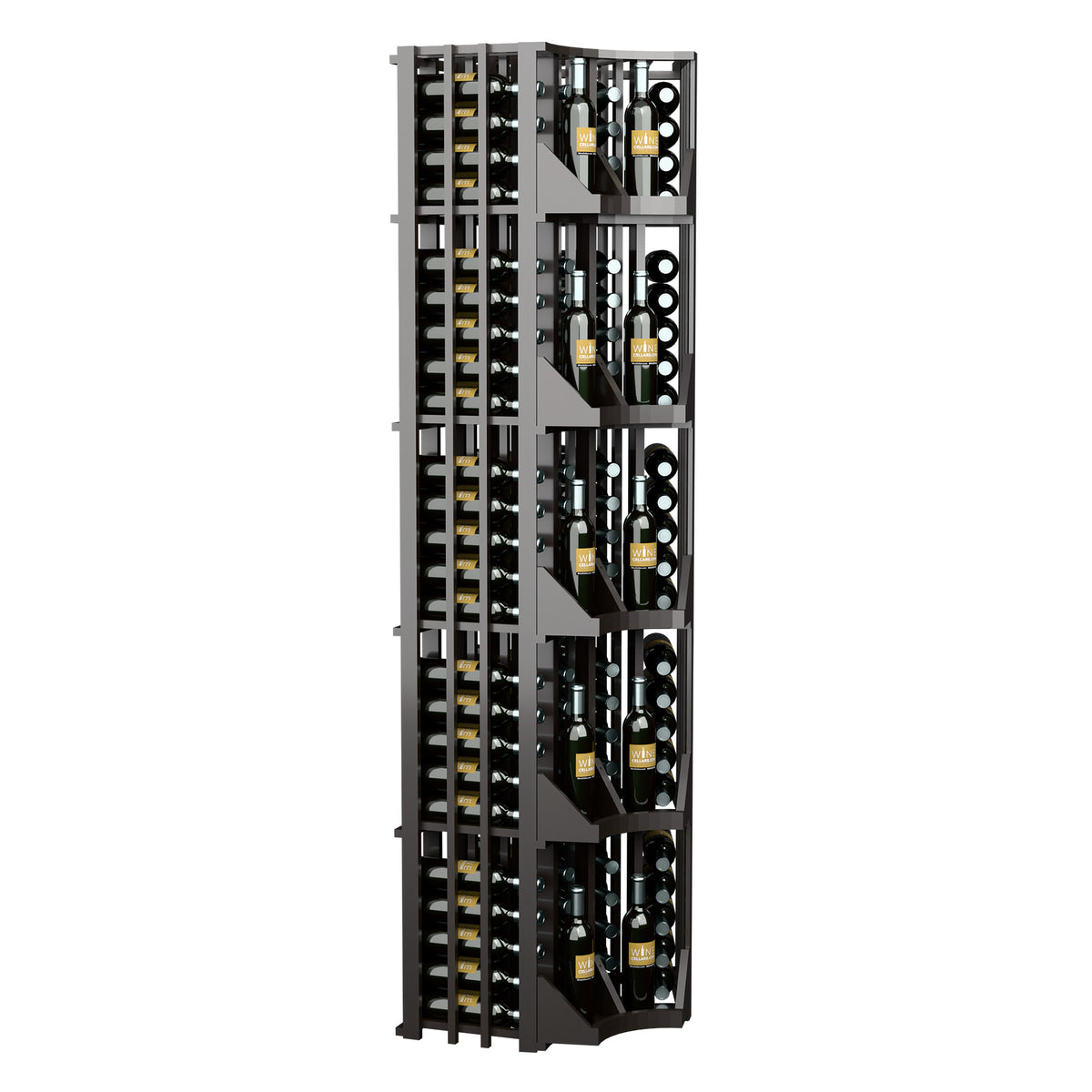 Light wine display rack in curved corner layout with four columns and bottle holders