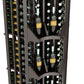Dark corner wall wine display rack showing bottle slots across four curved columns