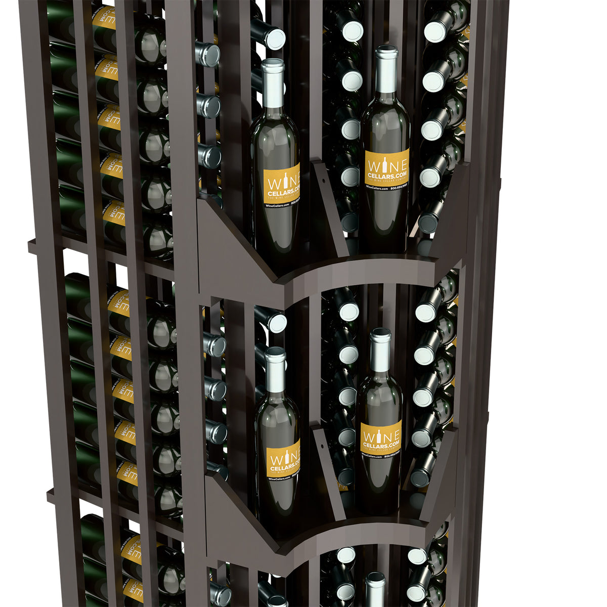 Dark corner wall wine display rack showing bottle slots across four curved columns