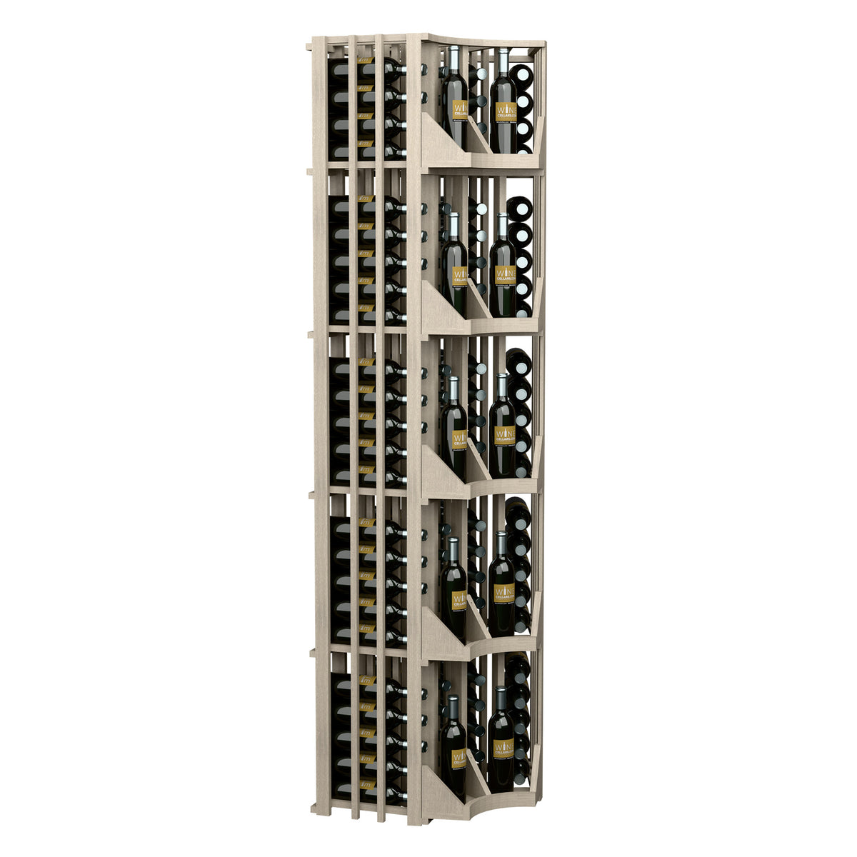 Tall light wine rack with open bottle slots and four-column curved corner structure