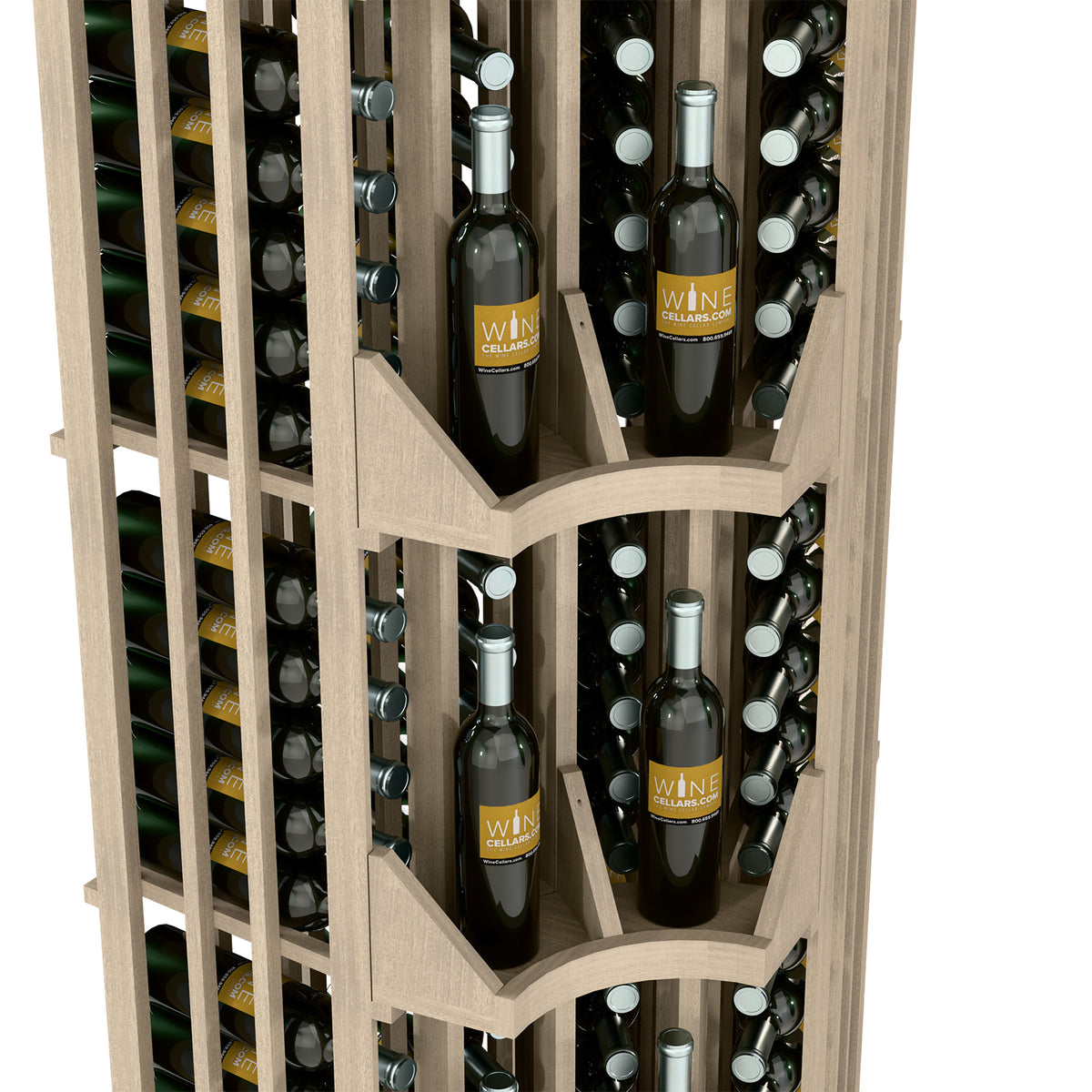 Light corner wall wine display rack with curved dividers holding bottles in rows