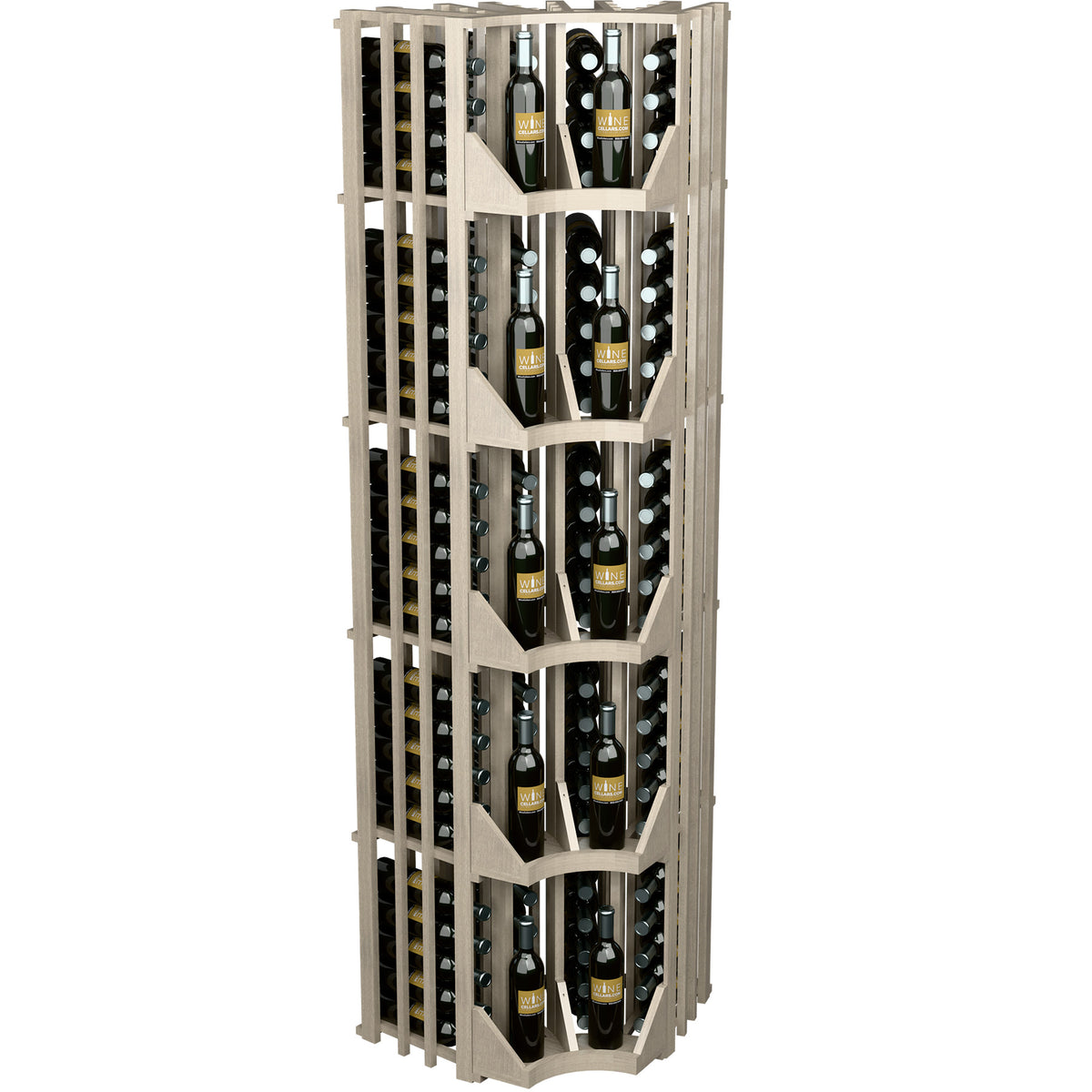 Light tall wine display rack with four curved columns and bottle slot compartments
