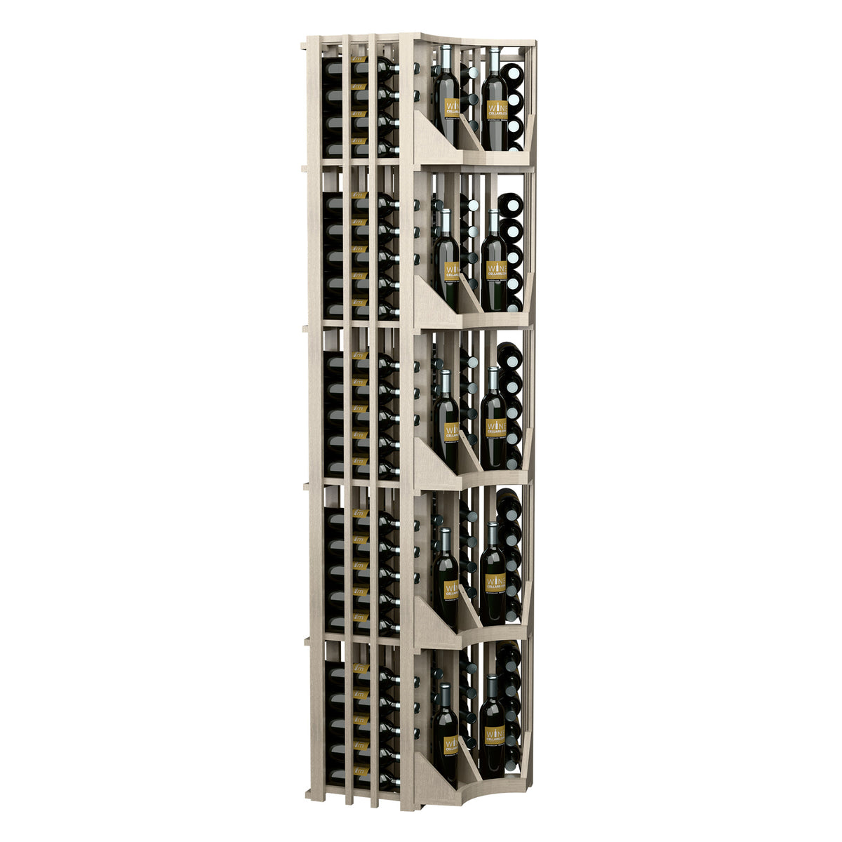 Light corner wall wine display rack with slotted shelves and four-column curved corner form