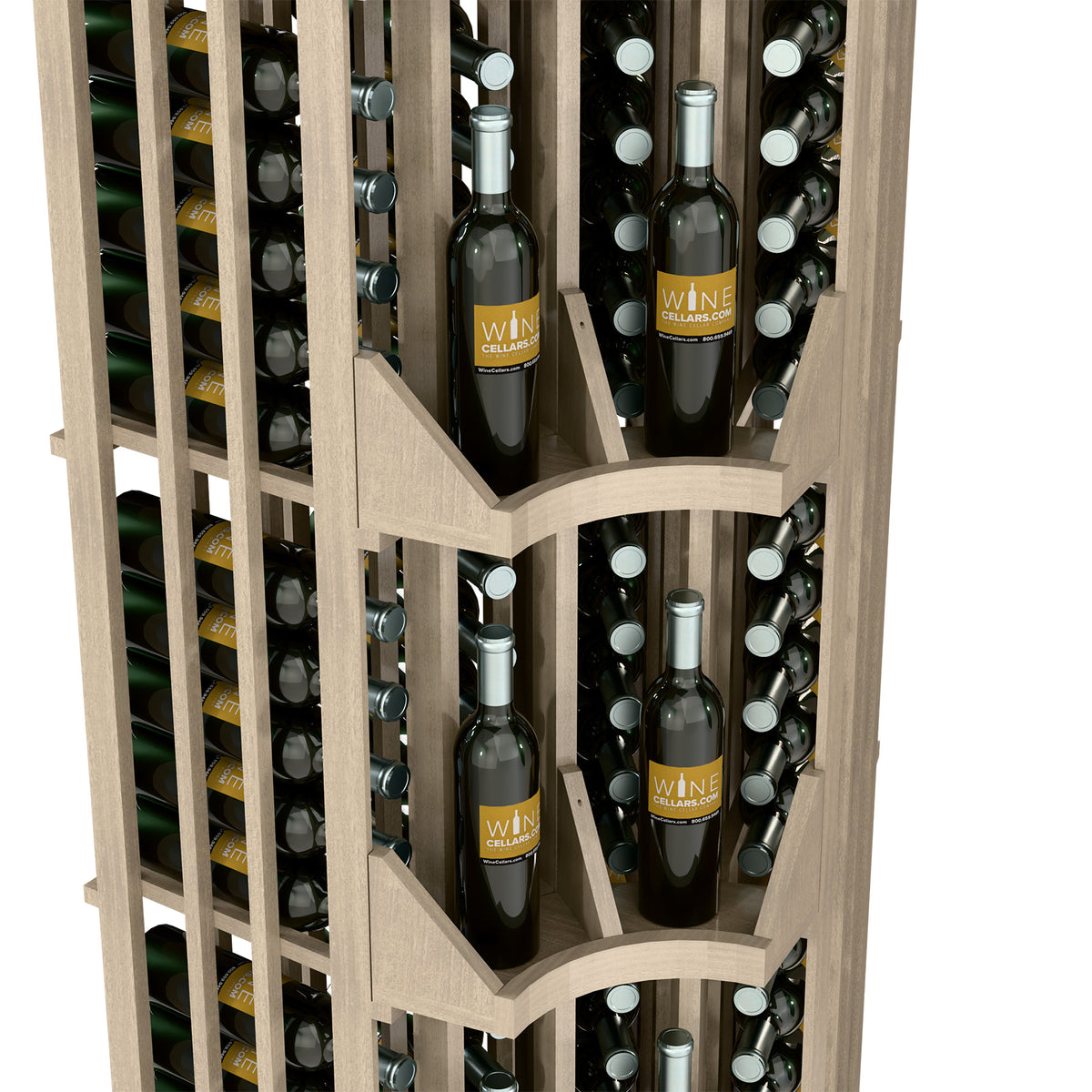 Light corner wall wine display rack with curved dividers and bottle slots in four columns
