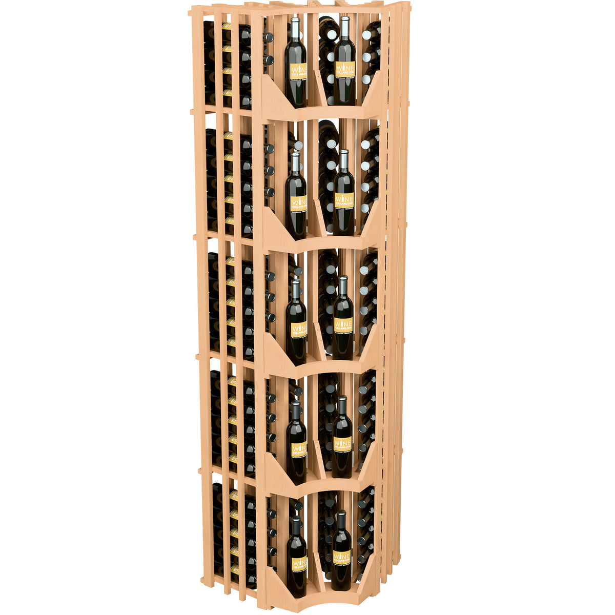 4-column curved corner wall wine display in light wood with stacked wine bottle slots