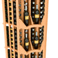 Light wood wine display with curved shelves holding multiple wine bottles and staggered slots
